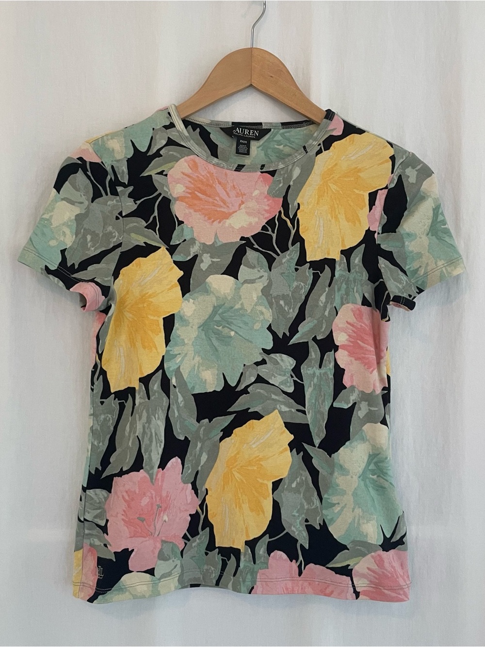 Lauren Ralph Lauren Black Floral Short Sleeve Tee with Yellow Pink and Mint